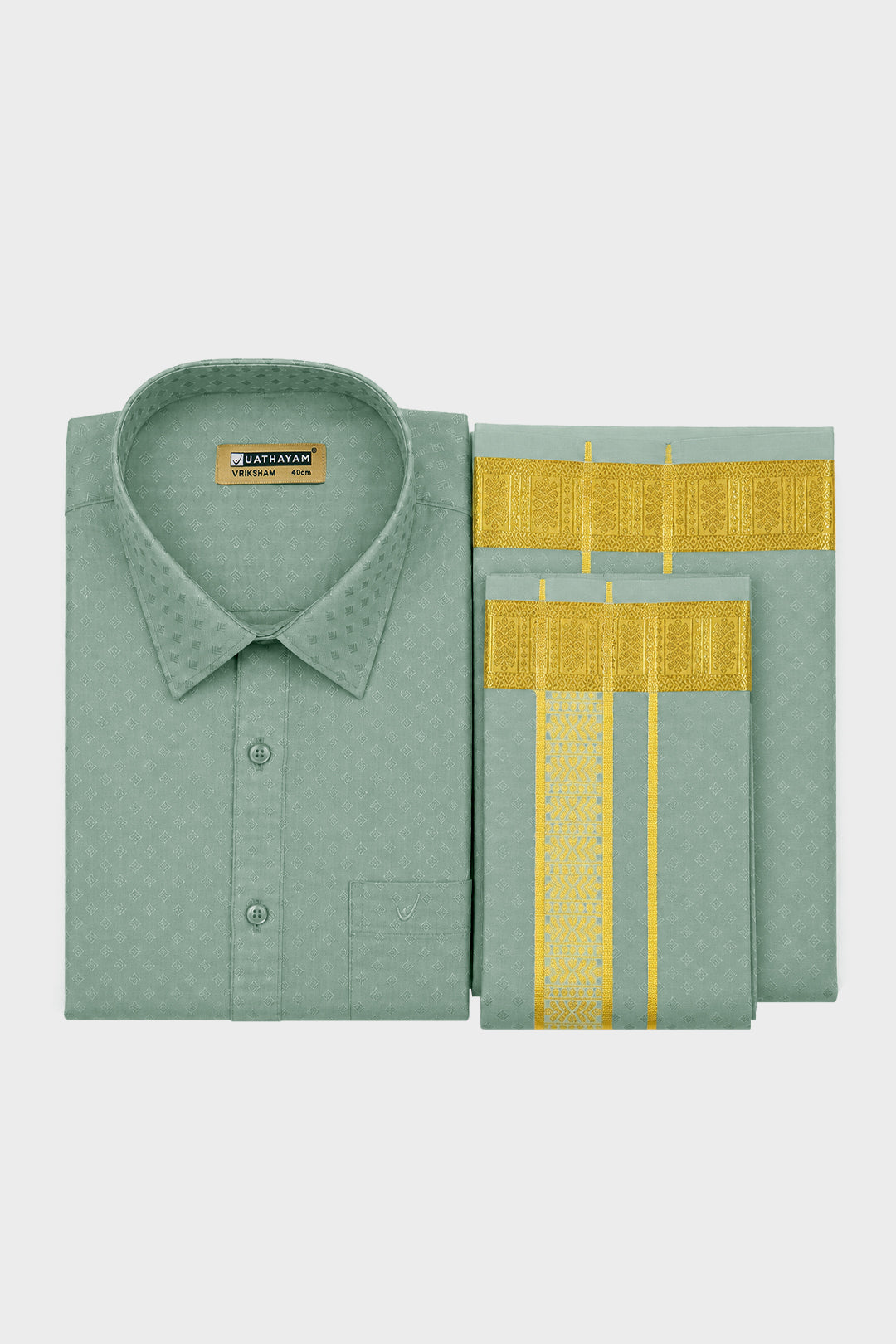 Vriksham Grand - Emboss Pista Shirt and Matching Double Layered Dhoti With Towel 3 in 1 Wedding Set For Mens | Uathayam