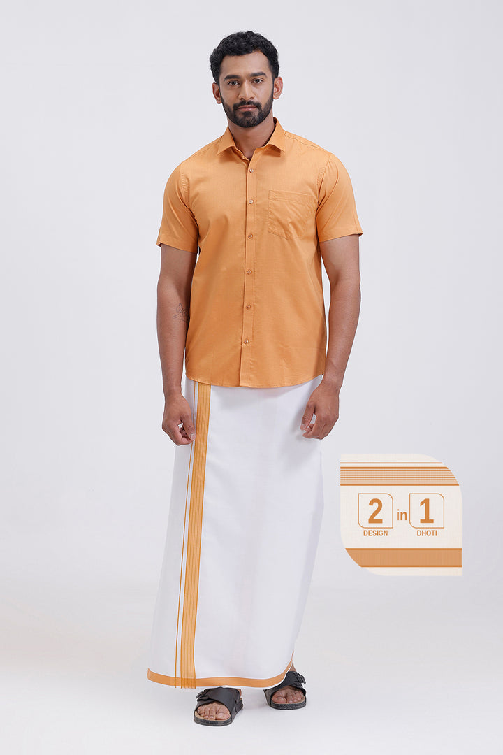 Pixel mustard gold matching shirt with double design fancy border dhoti for men