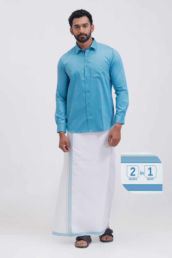 Pixel ramar blue matching shirt with double design fancy border dhoti for men