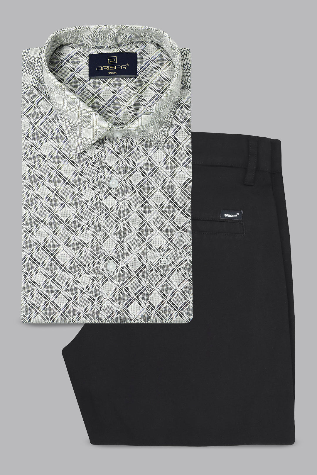 Vudu + Monaco - Mist Gray Printed Shirt With Black Trouser Combo For Men | Ariser