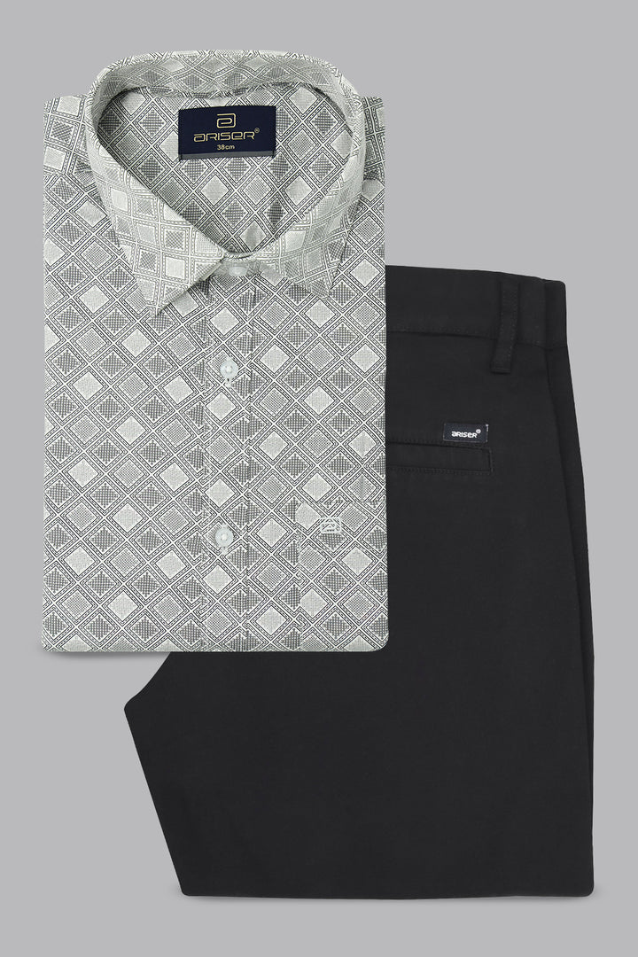 Vudu + Monaco - Mist Gray Printed Shirt With Black Trouser Combo For Men | Ariser