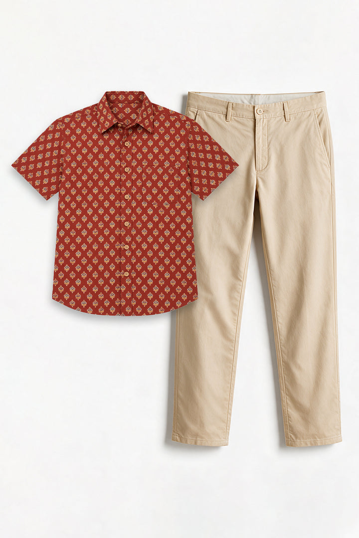 Congo + Basic Chino - Rust Red Shirt With Sandal Trouser Combo For Men | Ariser