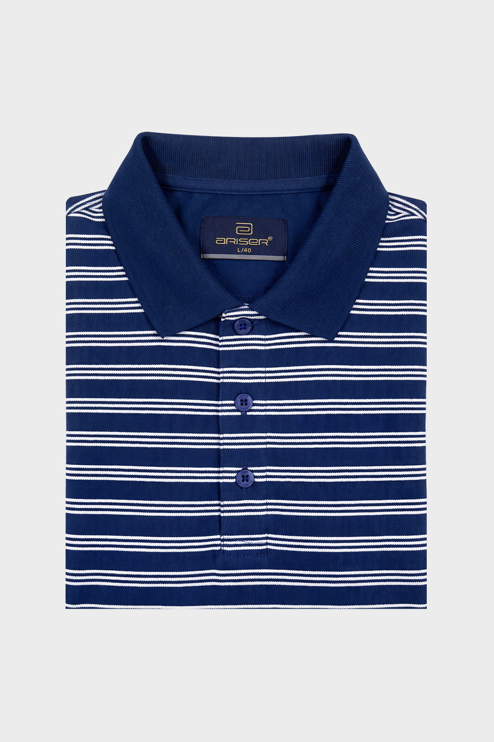 A folded navy blue polo shirt with thin white horizontal stripes, featuring a solid navy collar and three-button placket, displayed on a light gray background.
