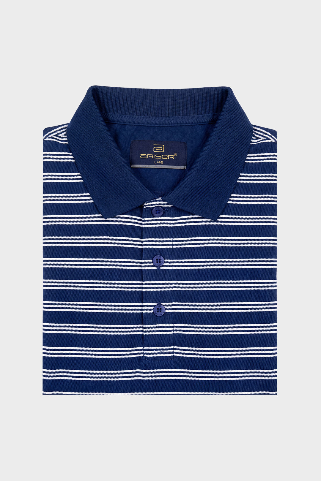 A folded navy blue polo shirt with thin white horizontal stripes, featuring a solid navy collar and three-button placket, displayed on a light gray background.
