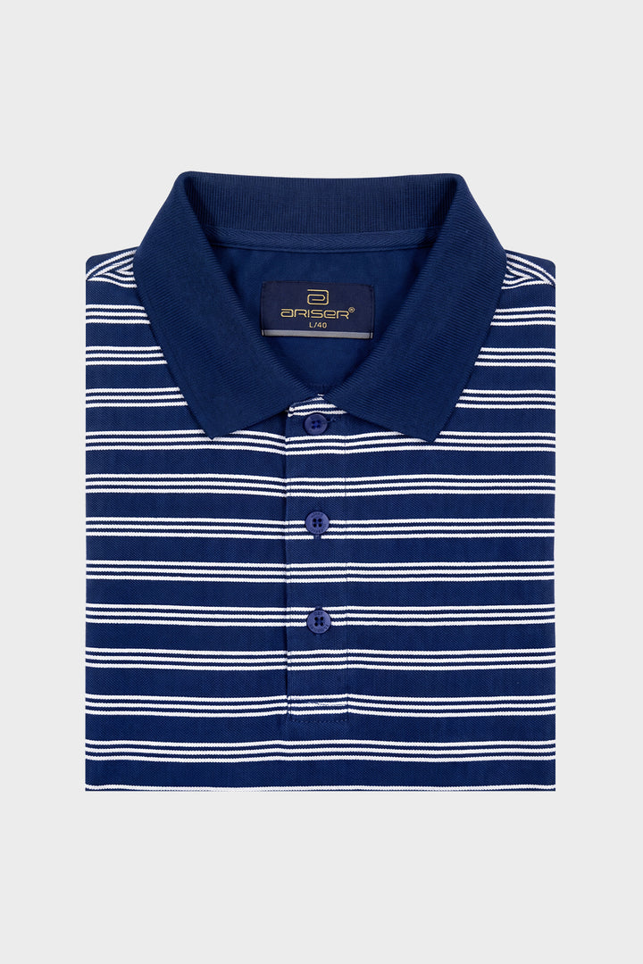 A folded navy blue polo shirt with thin white horizontal stripes, featuring a solid navy collar and three-button placket, displayed on a light gray background.