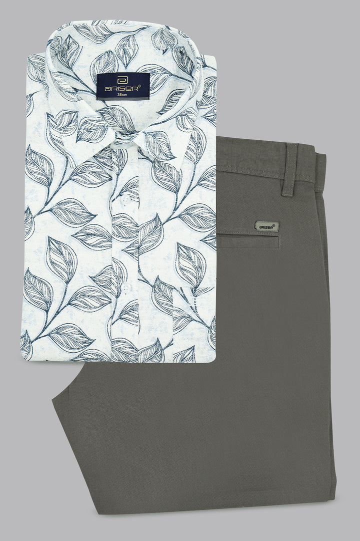 Floral-patterned shirt and gray pants on a light gray background