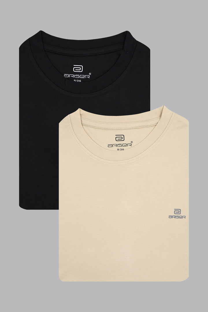 Sport Round Neck - Black and Off White Solid T-Shirts Pack Of 2 Combo For Men | Ariser