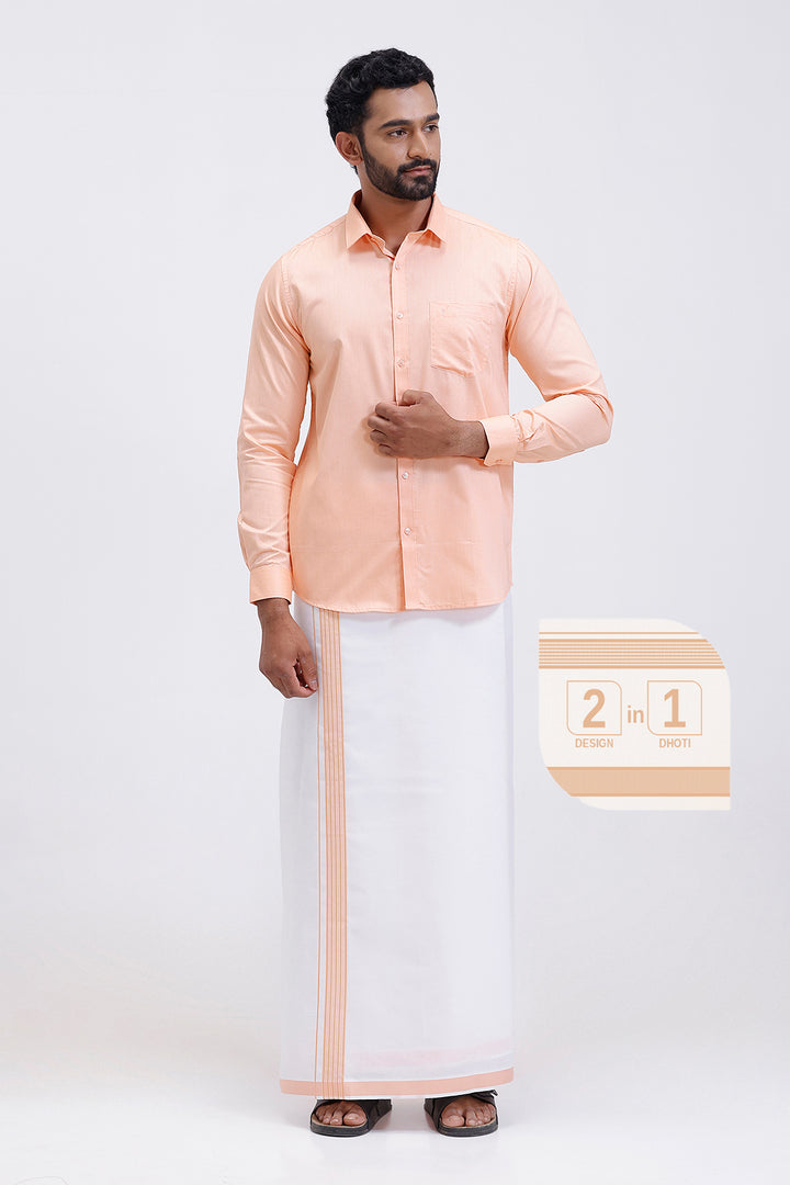 Pixel orange matching shirt paired with double design dhoti for men