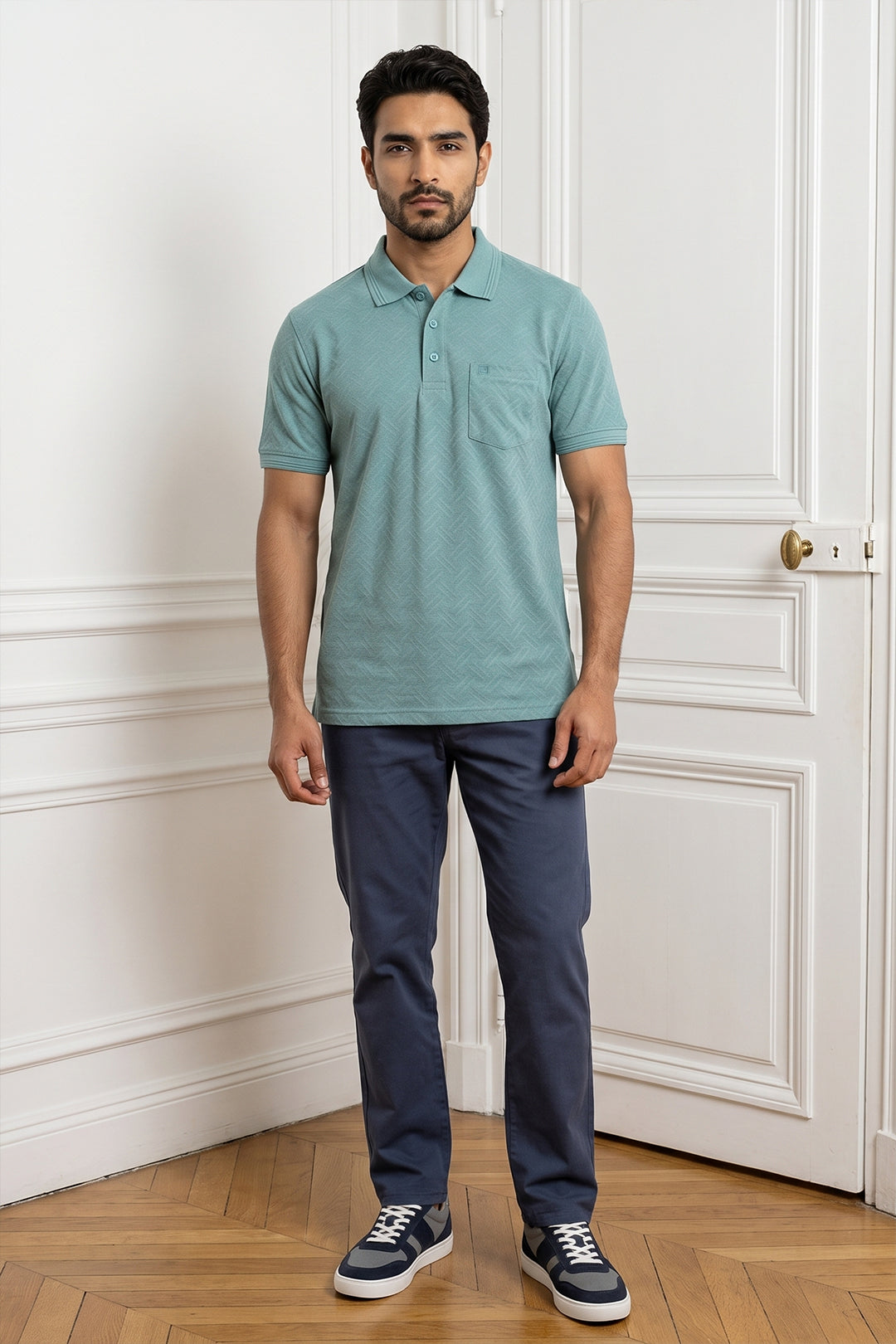 Clark Polo + Monaco - Frosted Mint T-Shirt With Dark Navy Trouser Combo For Men | Ariser