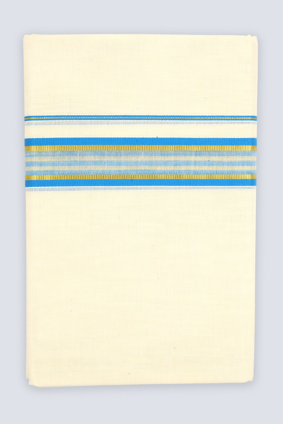 A cream-colored cotton muslin cloth with a decorative horizontal stripe pattern near the top edge featuring blue, white, and yellow stripes, shown against a light gray background.