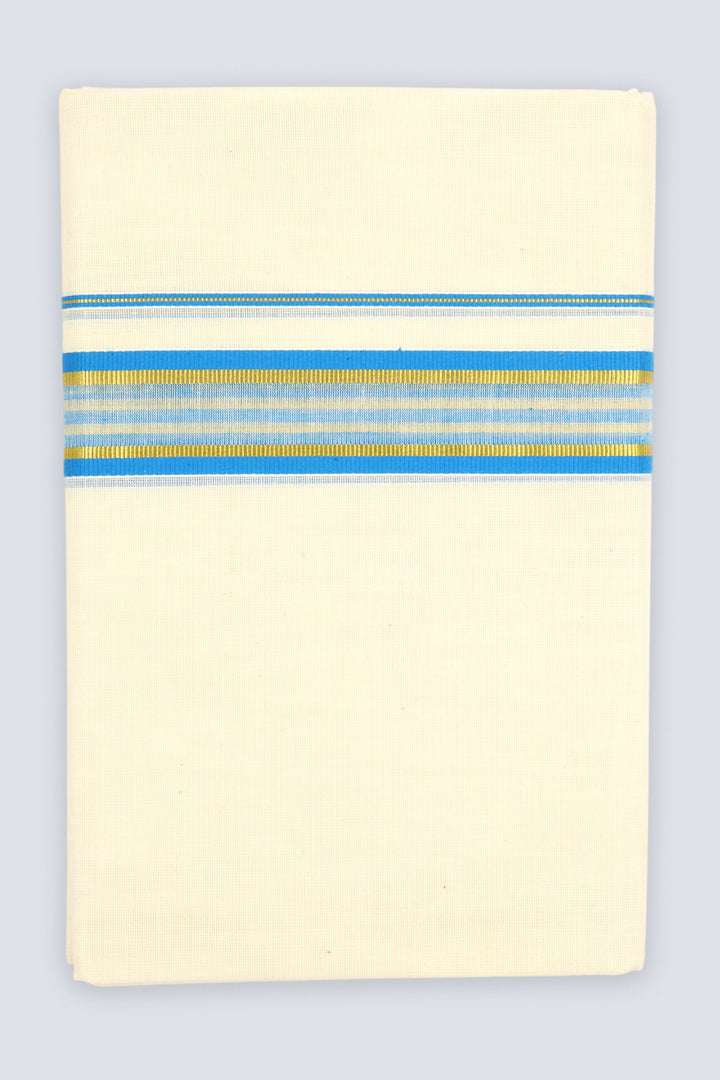 A cream-colored cotton muslin cloth with a decorative horizontal stripe pattern near the top edge featuring blue, white, and yellow stripes, shown against a light gray background.