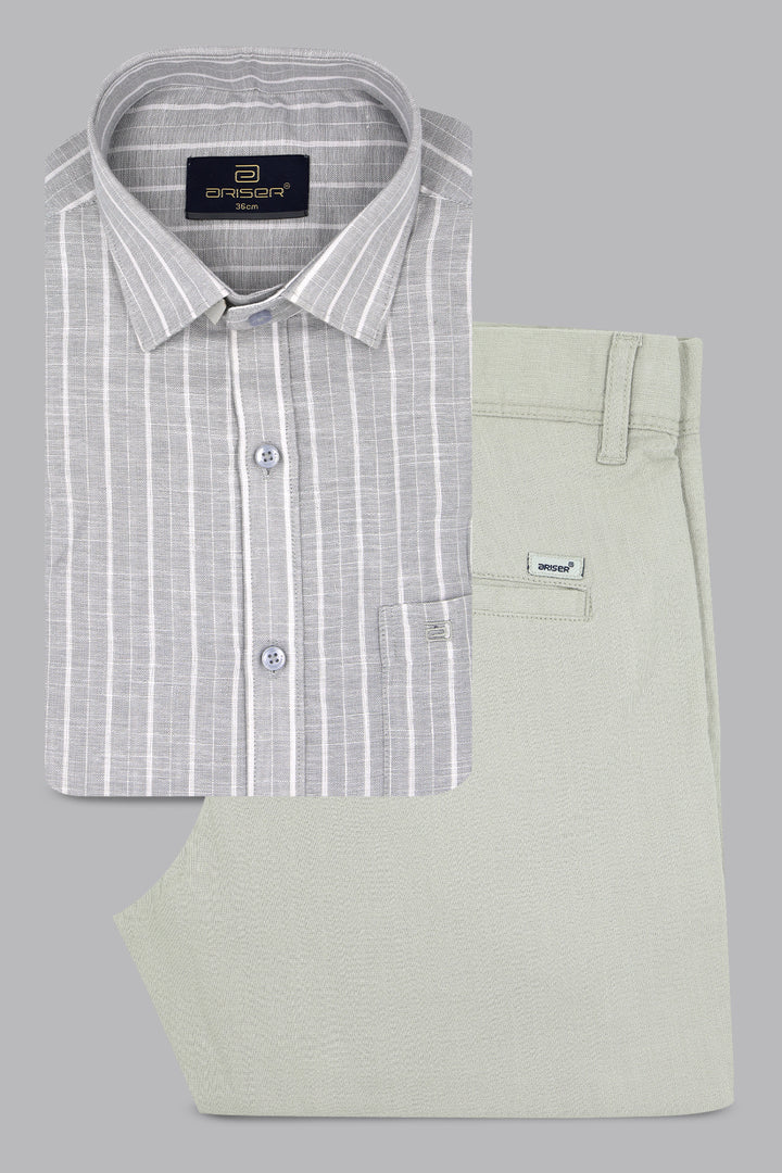 Gray checkered shirt and light green pants on a gray background