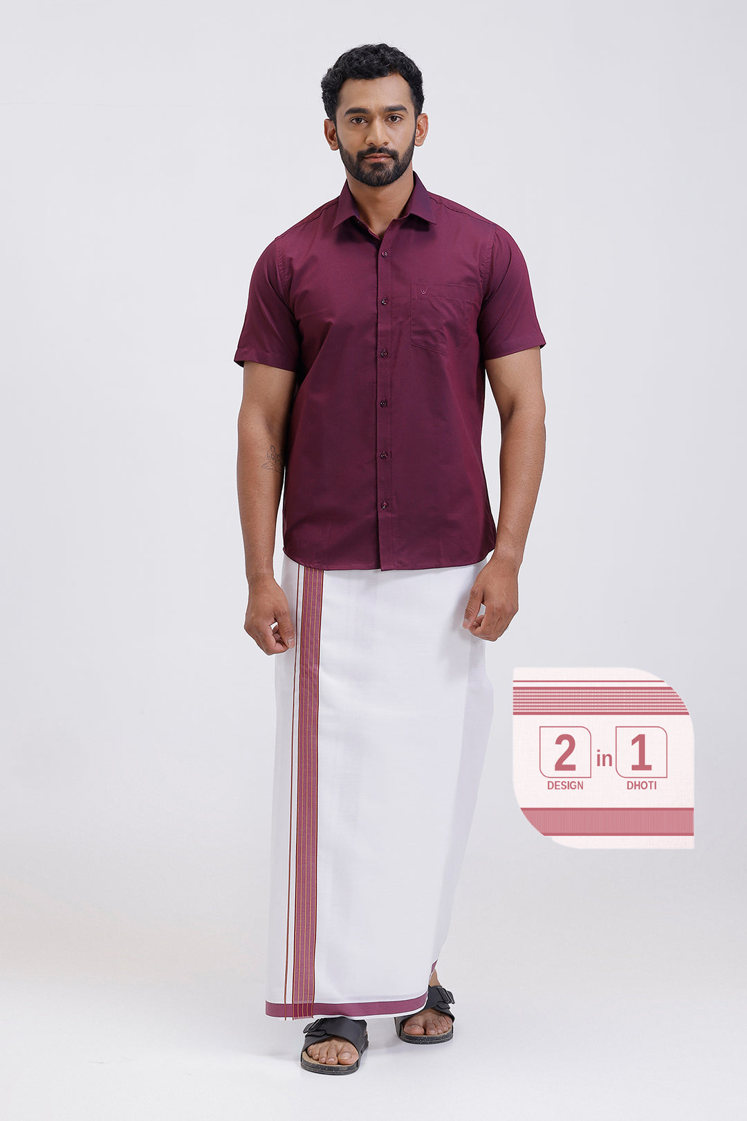 Pixel plum red matching shirt with double design fancy border dhoti for men