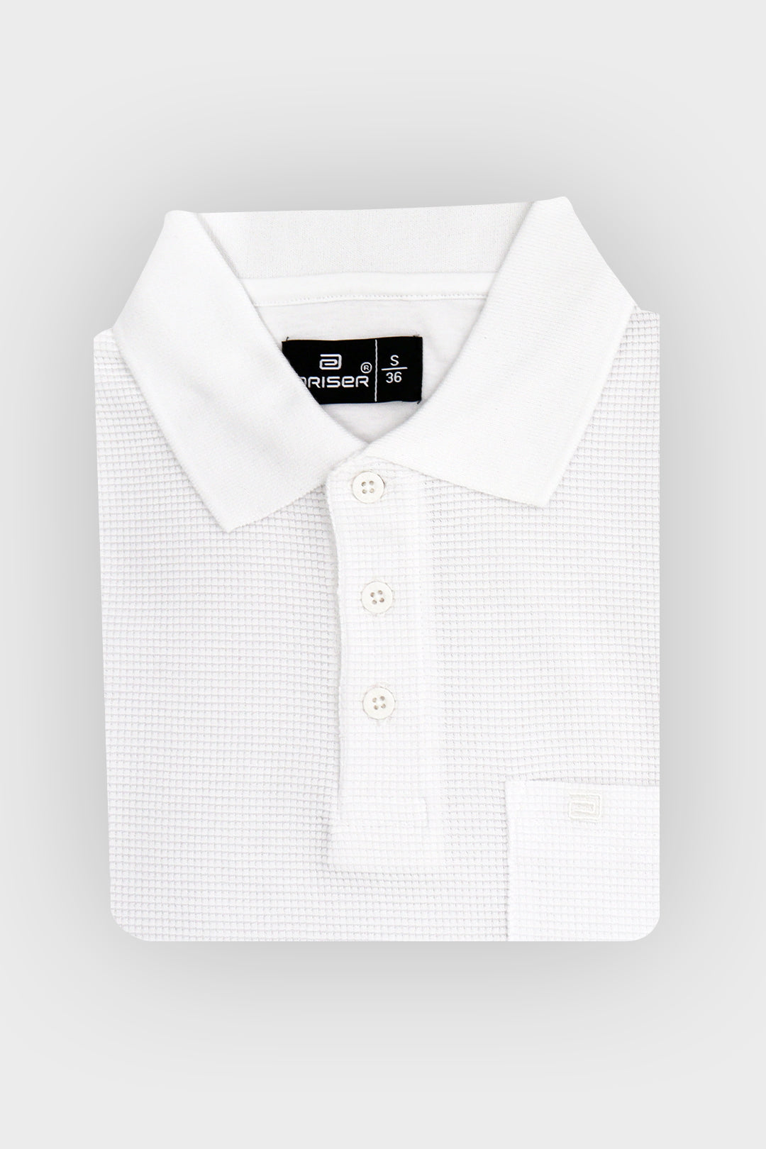 A folded white polo shirt with a subtle micro-check pattern, featuring a classic collar, three-button placket, and a left chest pocket, shown on a light gray background.