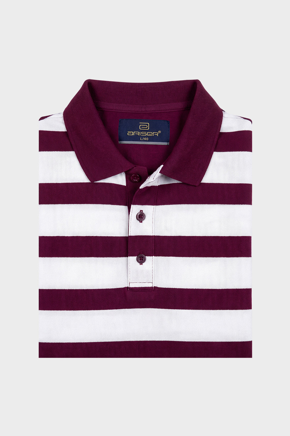 A folded polo shirt with horizontal burgundy and white stripes, featuring a solid burgundy collar and a three-button placket, displayed on a light gray background.
