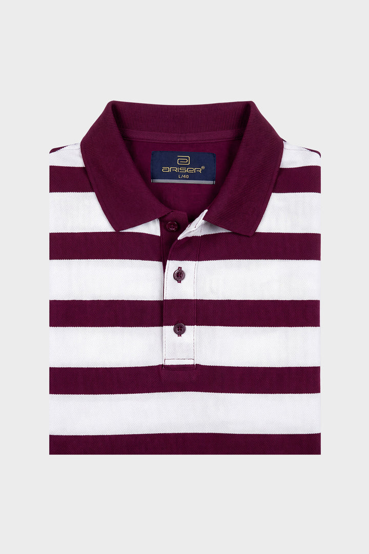 A folded polo shirt with horizontal burgundy and white stripes, featuring a solid burgundy collar and a three-button placket, displayed on a light gray background.