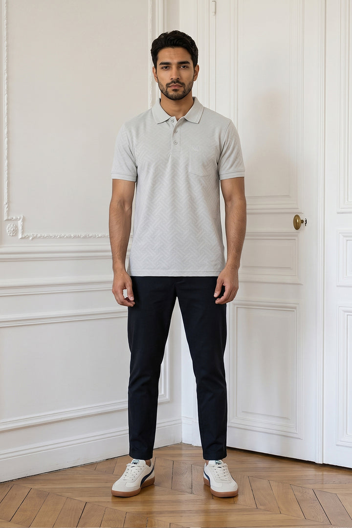 Clark Polo + Basic Chino - Sage Mist Gray T-Shirt With Navy Blue Trouser Combo For Men | Ariser