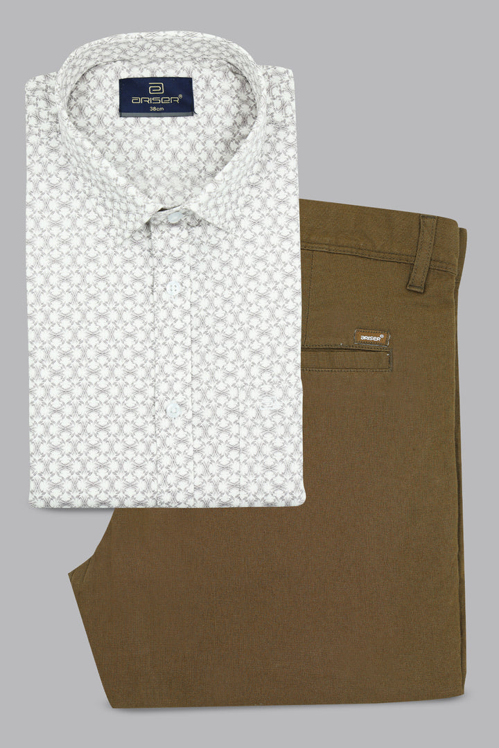 Ivory stone printed shirt with coffee brown trouser combo