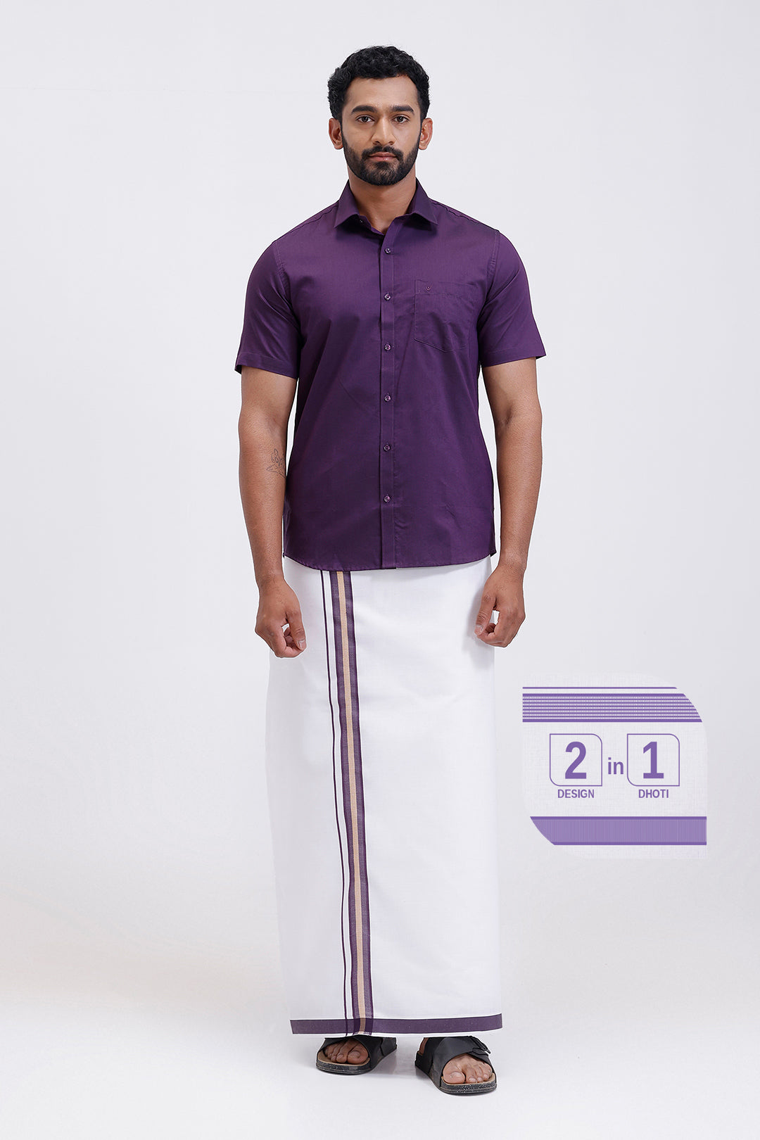 Pixel dark violet matching shirt with double design fancy border dhoti for men