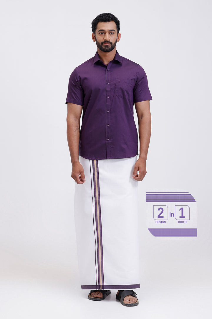 Pixel dark violet matching shirt with double design fancy border dhoti for men