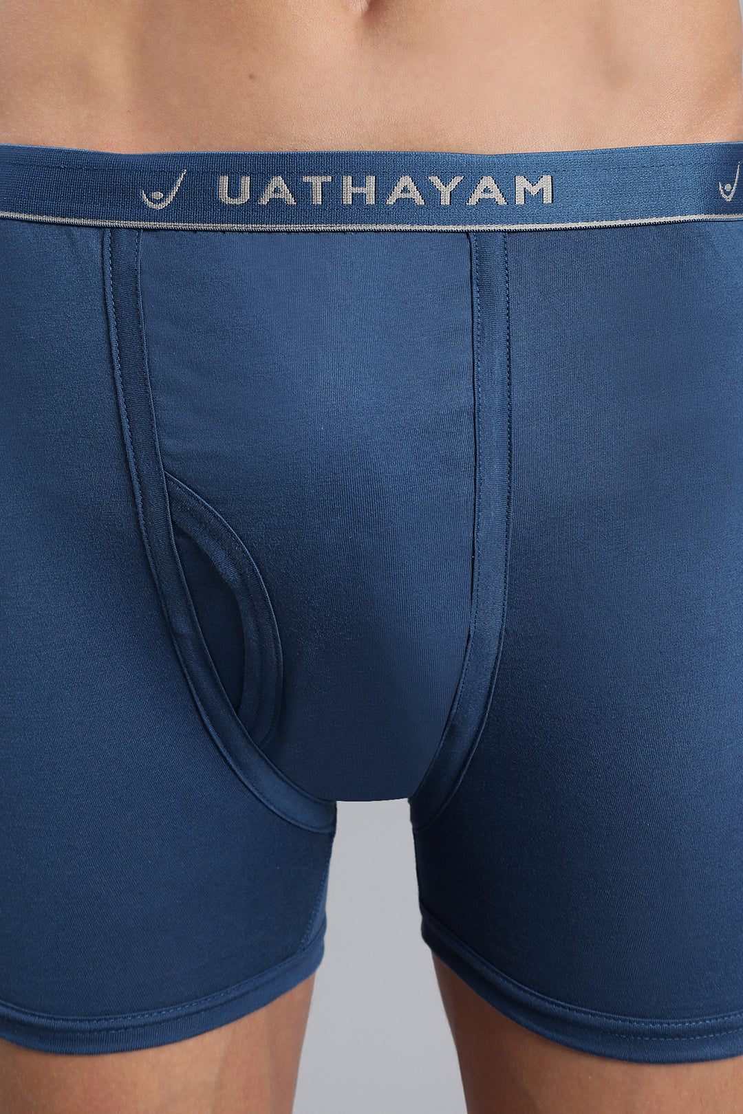 Dark blue men’s trunks with branded outer elastic waistband