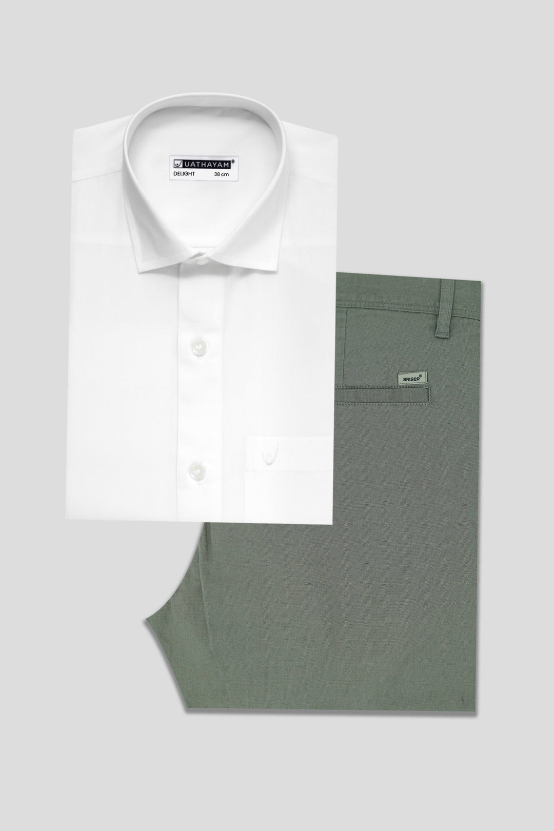 White shirt with rifle green trousers