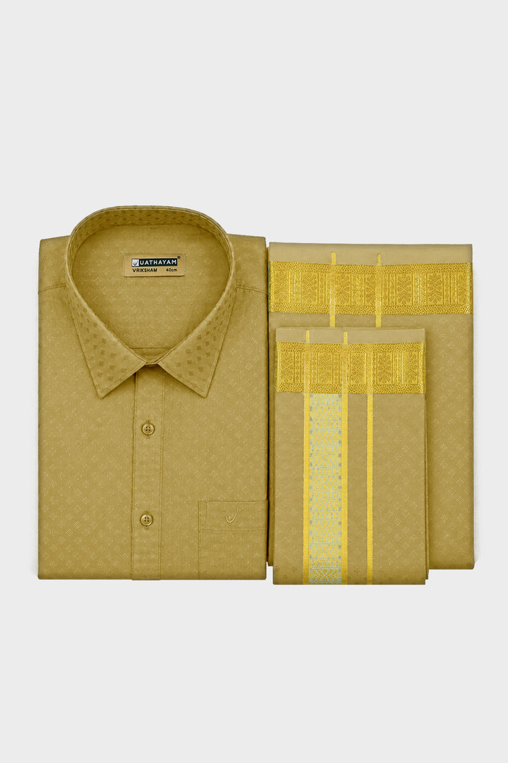 Vriksham Grand - Emboss Dark Jari Gold Shirt and Matching Double Layered Dhoti With Towel 3 in 1 Wedding Set For Mens | Uathayam