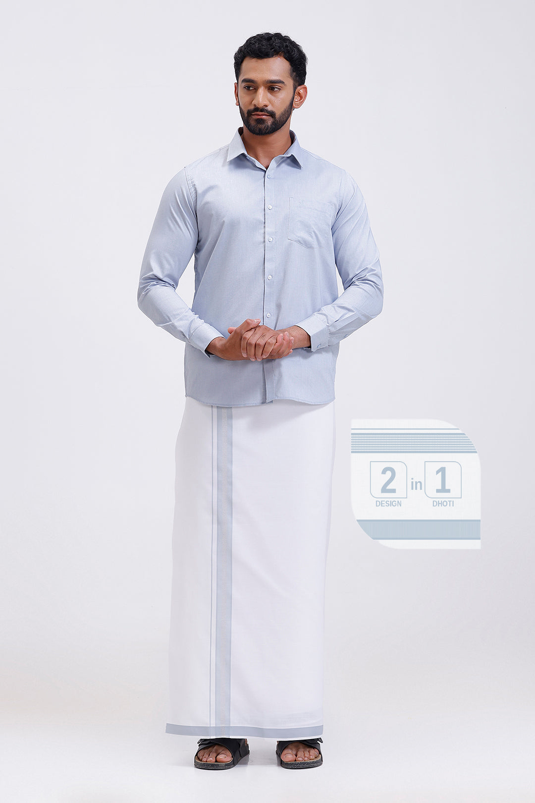 Pixel silver gray matching shirt with double design fancy border dhoti for men