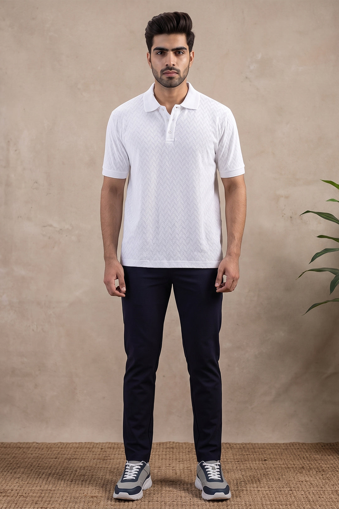 Fashion Polo + Monaco - Pure White T-Shirt With Dark Navy Trouser Combo For Men | Ariser
