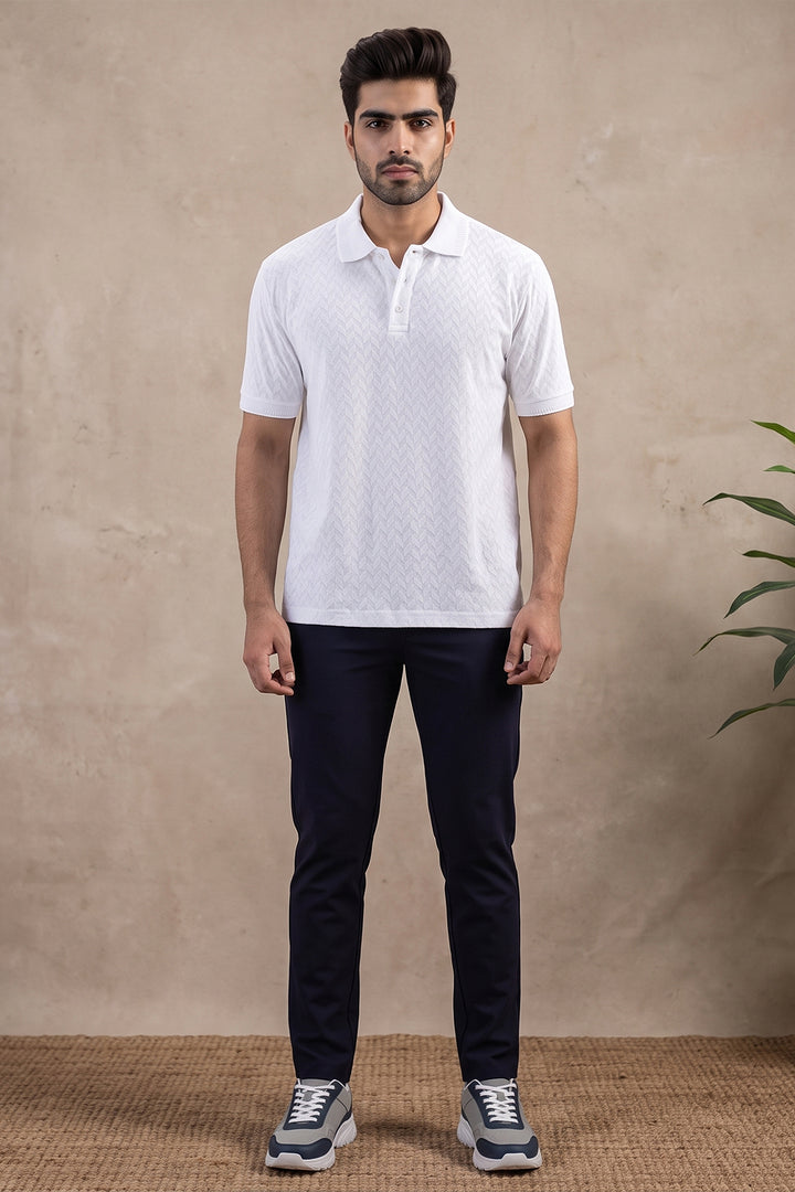 Fashion Polo + Monaco - Pure White T-Shirt With Dark Navy Trouser Combo For Men | Ariser