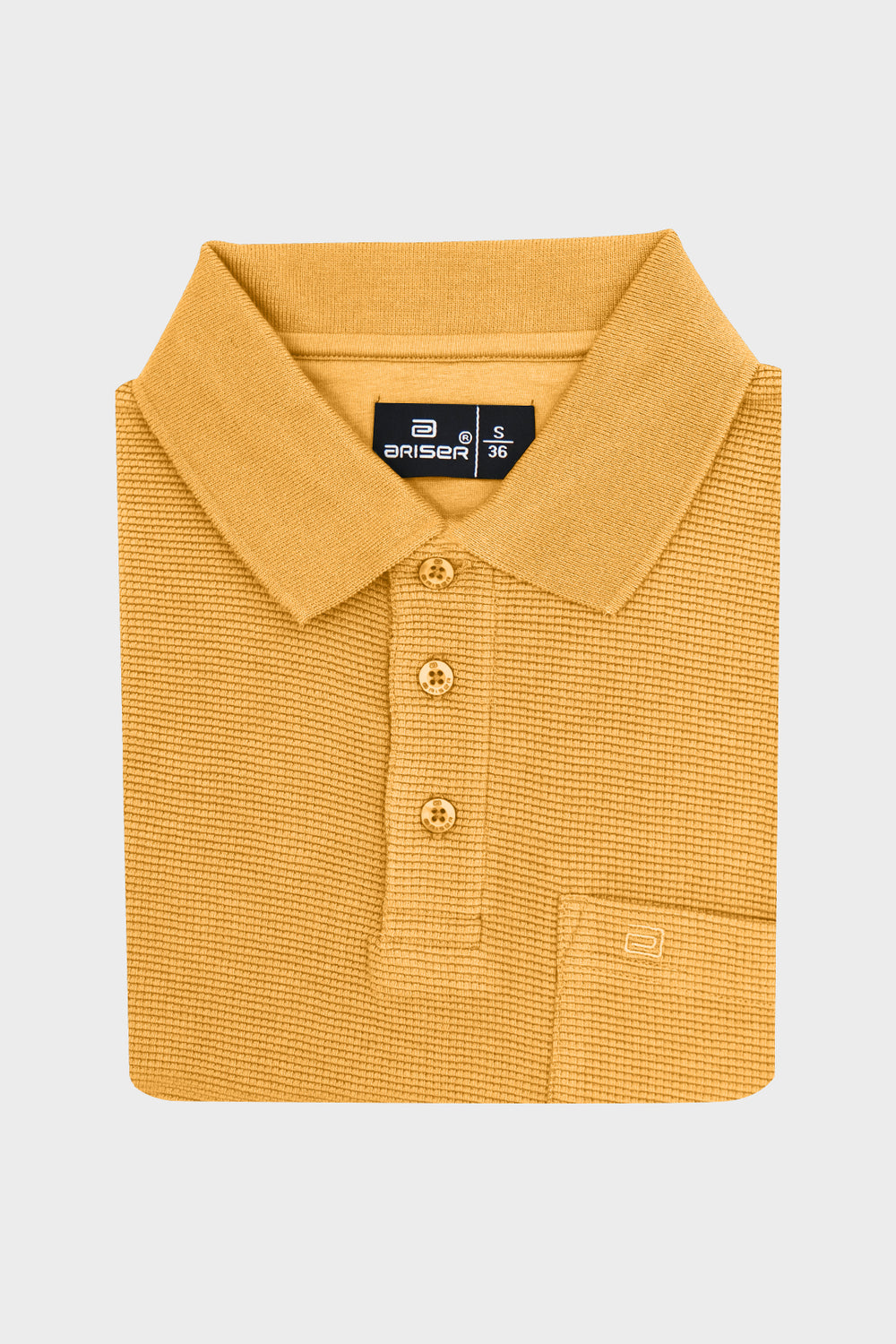 A folded mustard-yellow ribbed-knit polo T- shirt with a collar, three-button placket, and a chest pocket, shown on a light gray background. The brand label reads 'Ariser'.