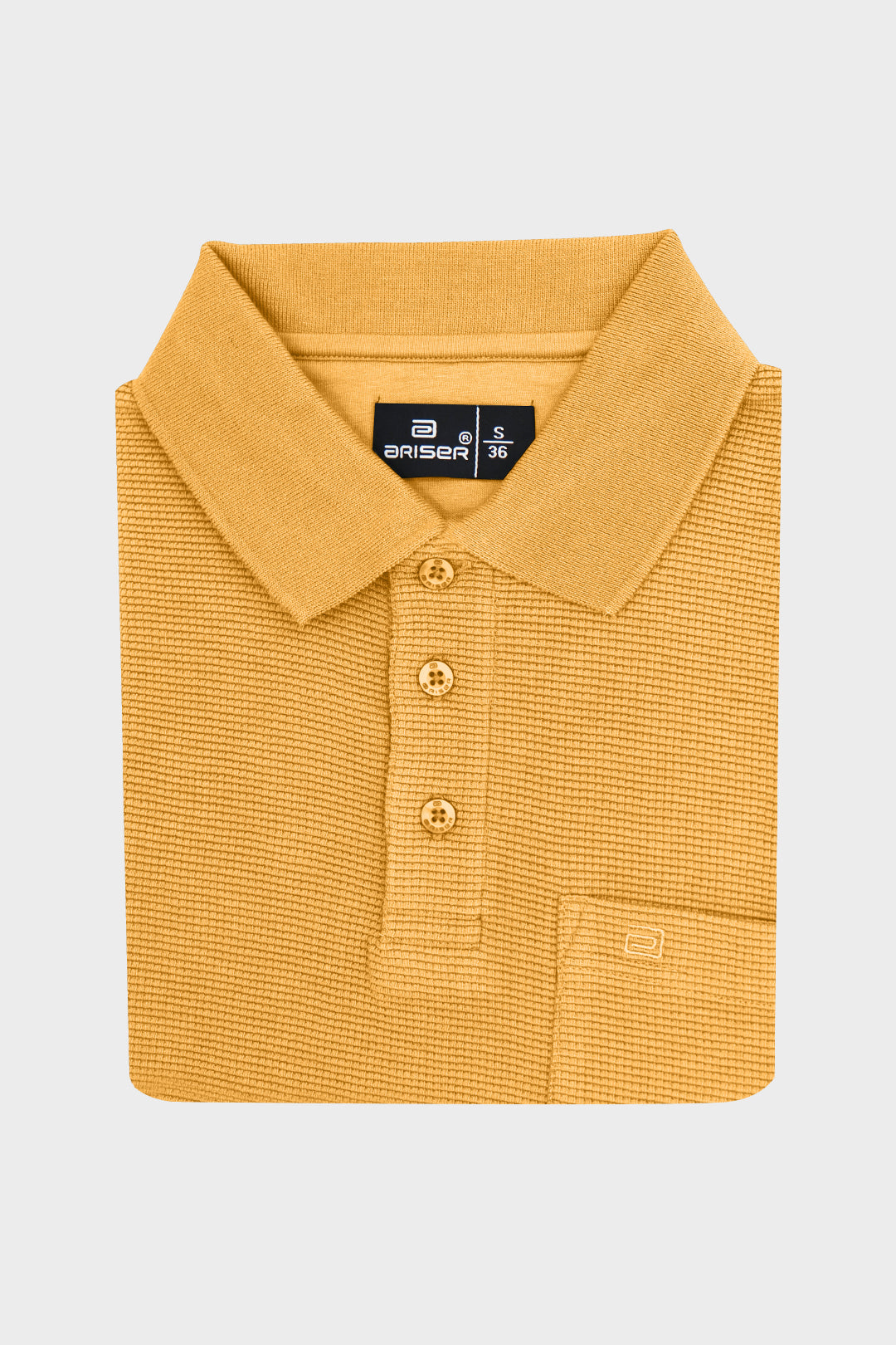 A folded mustard-yellow ribbed-knit polo T- shirt with a collar, three-button placket, and a chest pocket, shown on a light gray background. The brand label reads 'Ariser'.