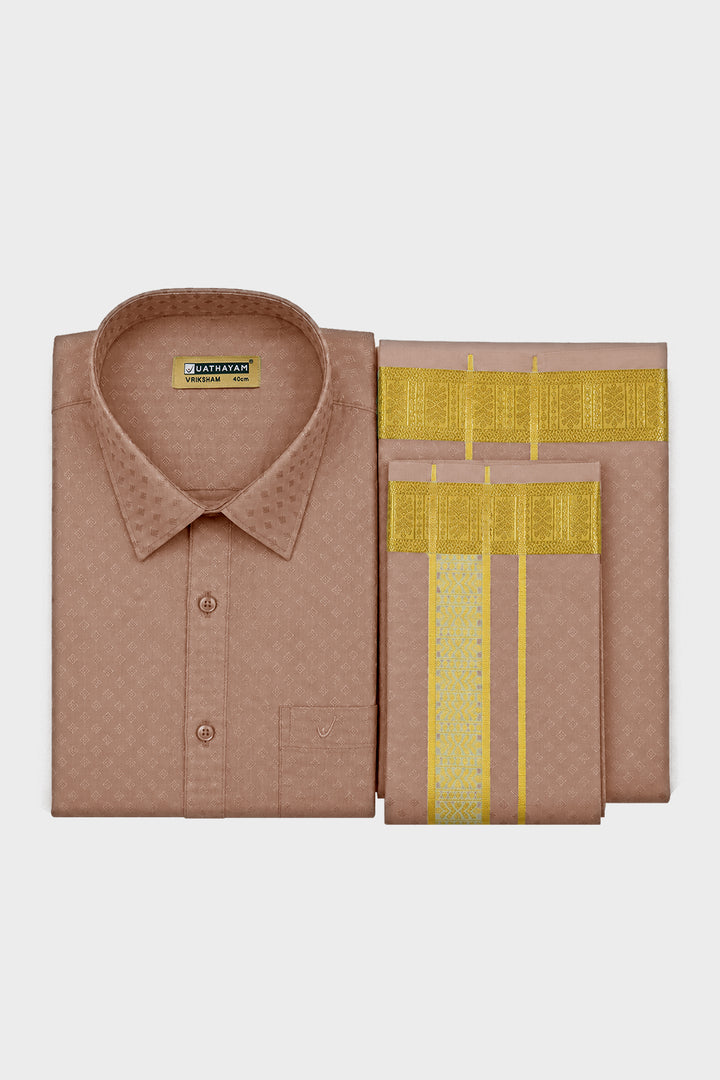 Vriksham Grand - Emboss Copper Shirt and Matching Double Layered Dhoti With Towel 3 in 1 Wedding Set For Mens | Uathayam