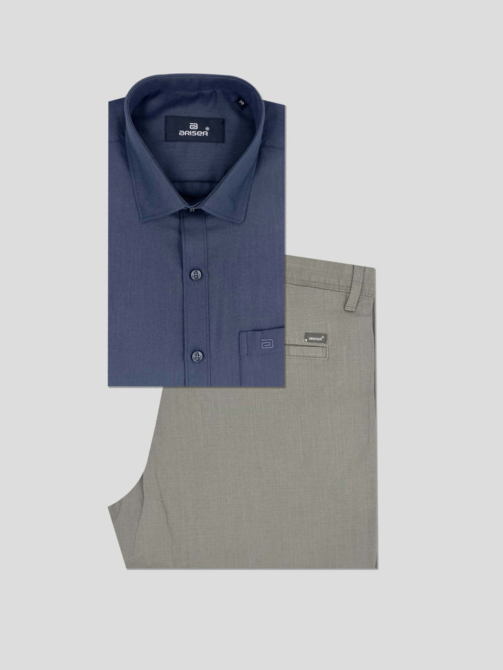 Super Soft + Kansas - Navy Blue Shirt With Stone Gray Trouser Combo For Men | Ariser