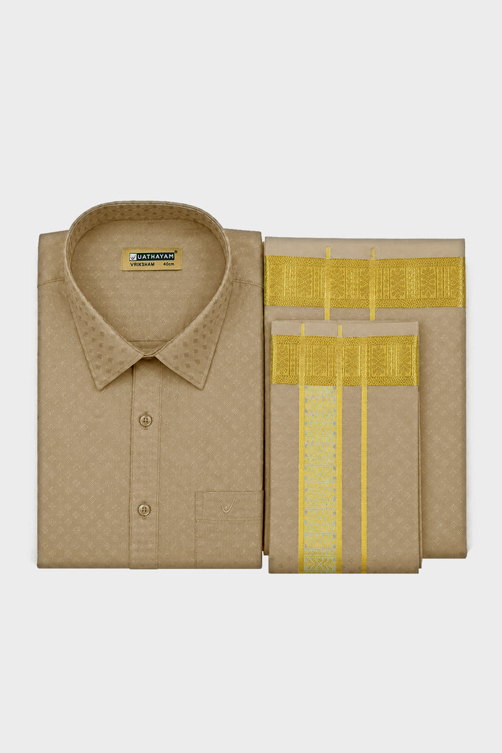 Vriksham Grand - Emboss Biscuit Shirt and Matching Double Layered Dhoti With Towel 3 in 1 Wedding Set For Mens | Uathayam