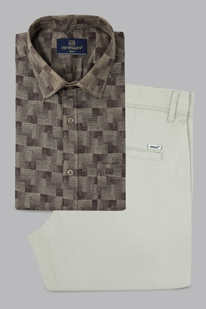 Checkered shirt and beige pants on a gray background