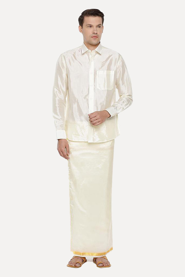 UATHAYAM Pavithram Cream Silk Full Sleeve Solid Smart Fit  Shirt For Men