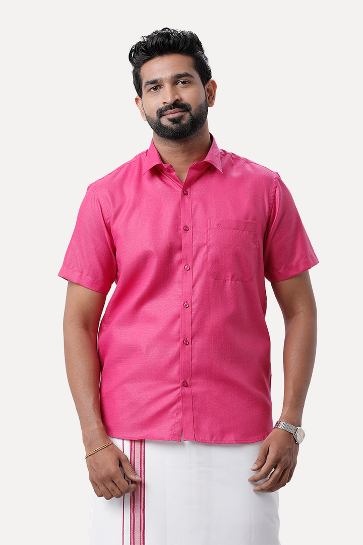 UATHAYAM Xpress Bright Pink Cotton Rich Half Sleeve Solid Smart Fit Shirt & Dhoti Set For Men Pack Of 1