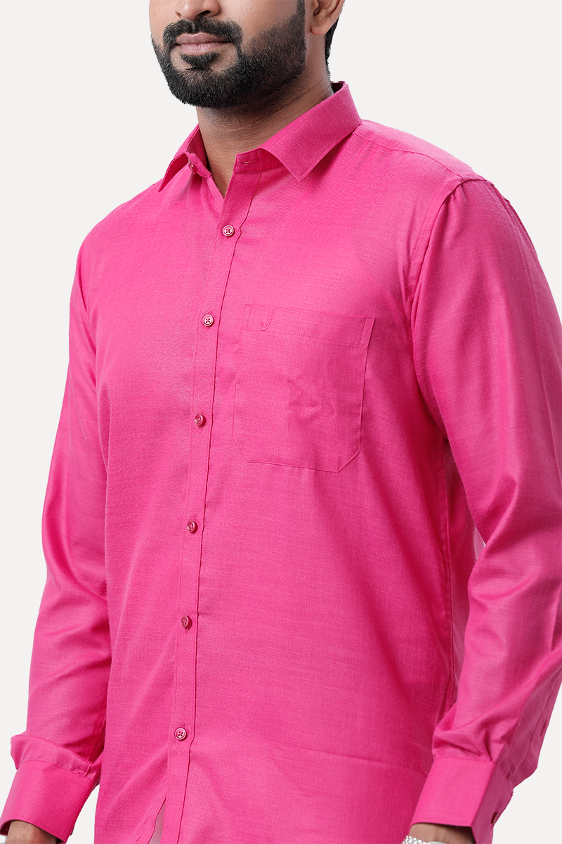 UATHAYAM Xpress Bright Pink Cotton Rich Full Sleeve Solid Smart Fit Shirt & Dhoti Set For Men Pack Of 1