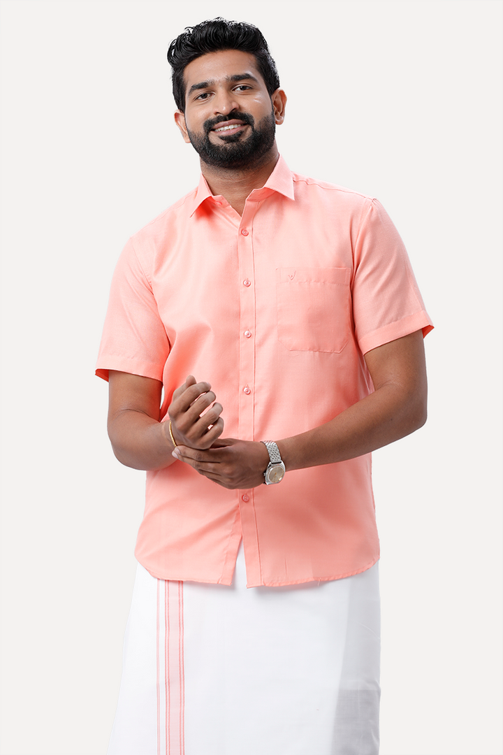 UATHAYAM Xpress Pale Orange Cotton Rich Half Sleeve Solid Slim Fit Shirt & Dhoti Set For Men Pack Of 1