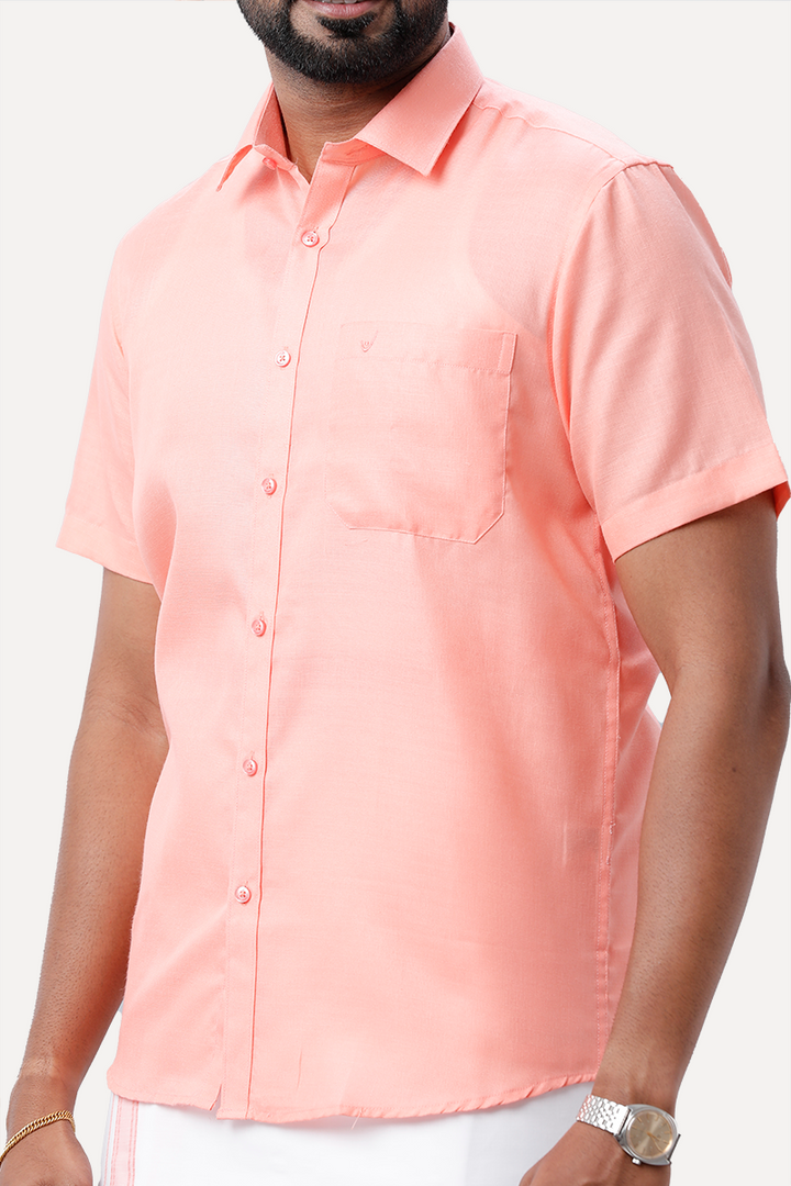 UATHAYAM Xpress Pale Orange Cotton Rich Half Sleeve Solid Slim Fit Shirt & Dhoti Set For Men Pack Of 1
