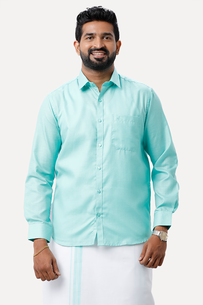 UATHAYAM Xpress Light Green Cotton Rich Full Sleeve Solid Smart Fit Shirt & Dhoti Set For Men Pack Of 1