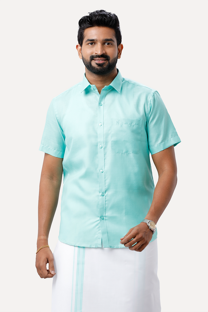 UATHAYAM Xpress Light Green Cotton Rich Half Sleeve Solid Smart Fit Shirt & Dhoti Set For Men Pack Of 1