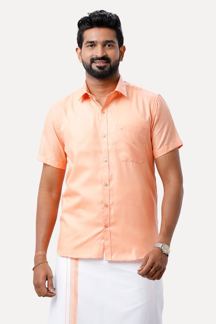 UATHAYAM Xpress Soft Orange Cotton Rich Half Sleeve Solid Smart Fit Shirt & Dhoti Set For Men Pack Of 1