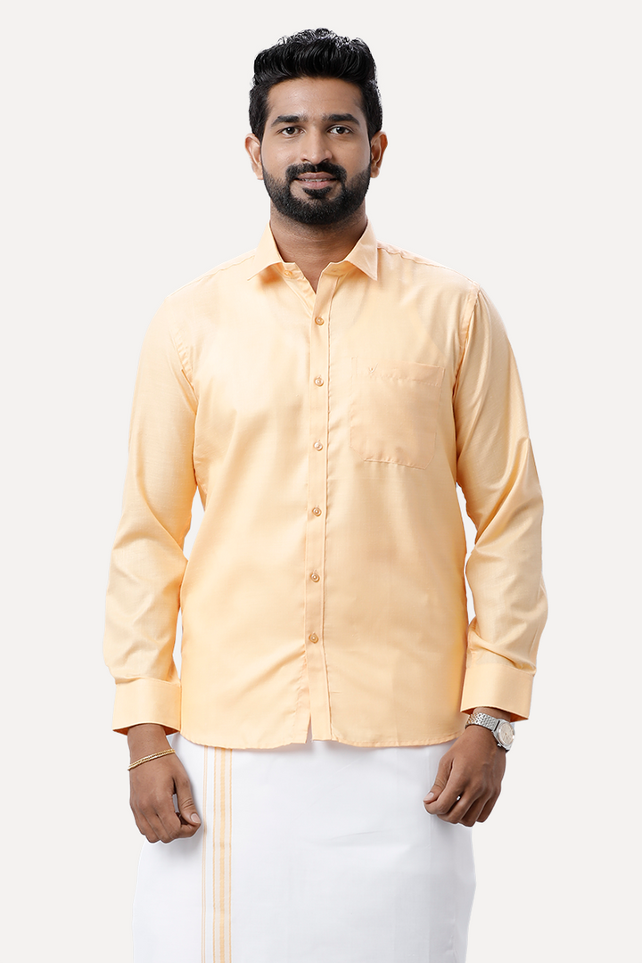 UATHAYAM Xpress Golden yellow Cotton Rich Full Sleeve Solid Smart Fit Shirt & Dhoti Set For Men Pack Of 1