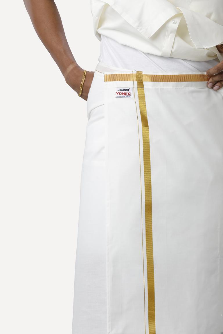 Uathayam Premium Cotton Cream Shirt and Yonex Gold Single Jari Pocket Dhoti Set For Men