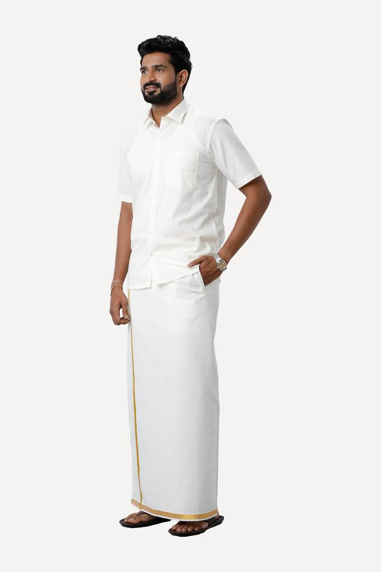 Premium - Cream Shirt And Yonex Gold Jari Single Dhoti Set For Men | Uathayam