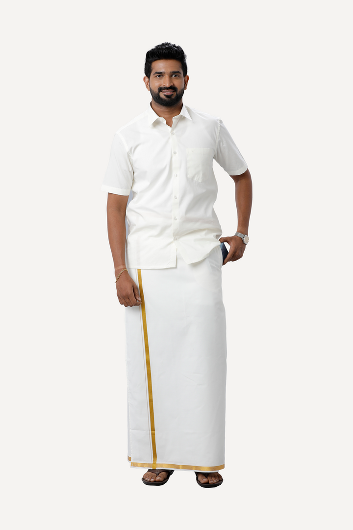 UATHAYAM Premium Cotton Cream Shirt and Fixit Gold Jari Dhoti Set Collection For Men