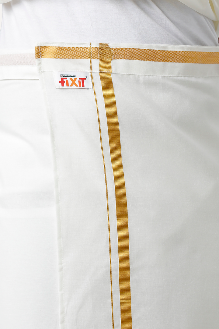 UATHAYAM Premium Cotton Cream Shirt and Fixit Gold Jari Dhoti Set Collection For Men