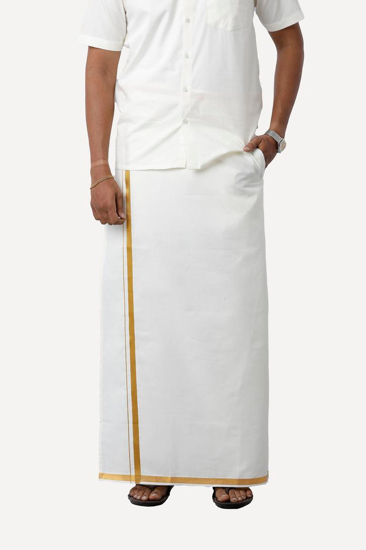 Uathayam Premium Cotton Cream Shirt and Yonex Gold Single Jari Pocket Dhoti Set For Men